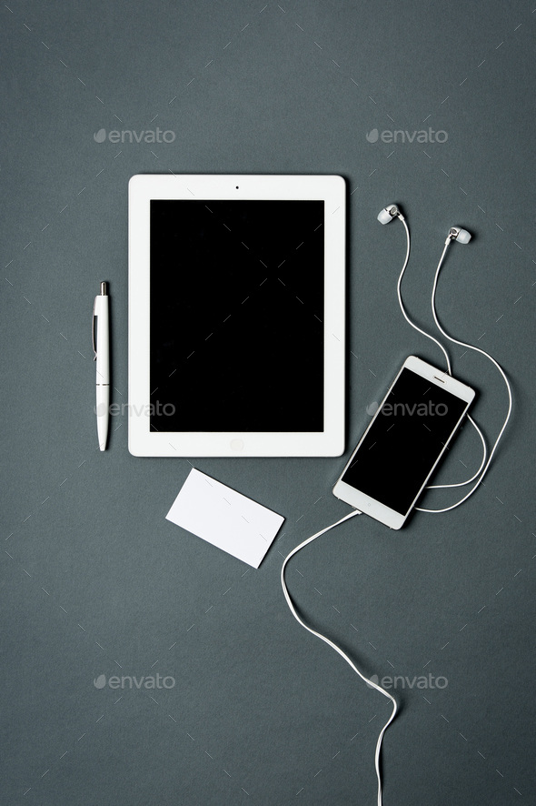Mock-up business template with phone, tablet. Gray background. - Stock Photo - Images