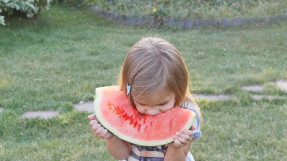 Cute Little Girl Eating Watermelon On The Grass In Summertime alt