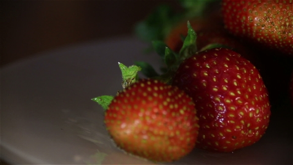 Juicy Strawberries On White Round Plate In Studio