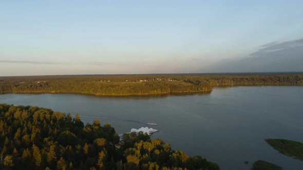 A Beautiful View From the Drone of the Istra Reservoir The Drone Flies Over the Forests and the Lake