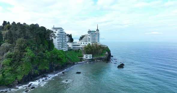 Tsikhisdziri, Georgia - May 8 2022: Aerial view of Castello Mare Hotel alt
