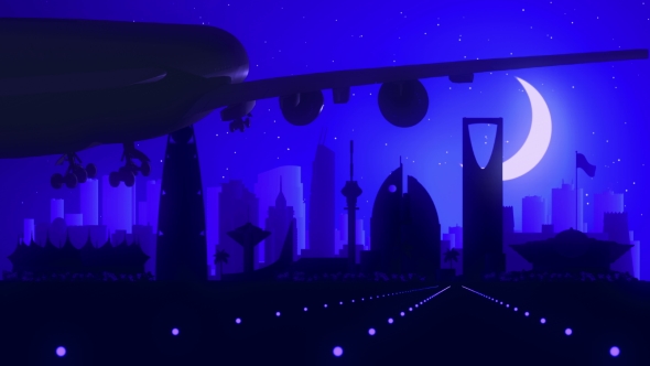 Riyadh Saudi Arabia Airplane Landing Skyline Moonlight Night  alt