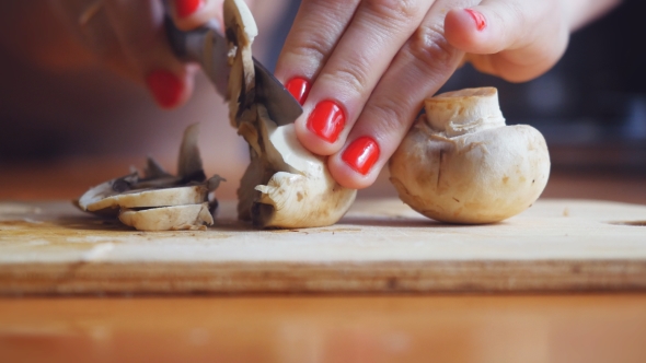 Cooking Cutting Mushrooms In The Kitchen. 1920X1080