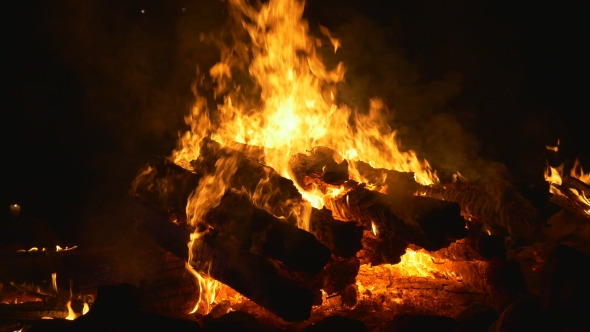 Large Fire With Large Logs Of Wood