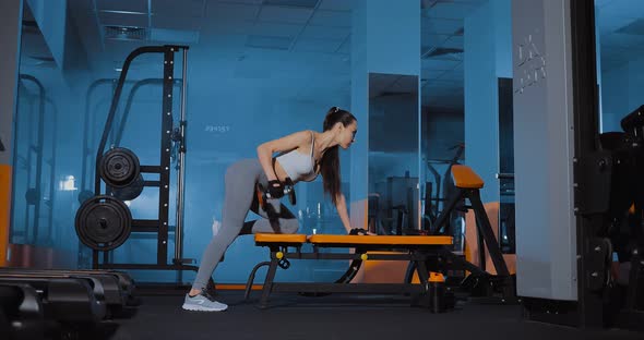 Girl at the Bench Doing an Exercise with Dumbbells on the Back of the Delta alt