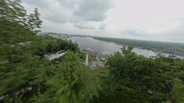 FPV Flight Over the Monument to the Magdeburg Rights Stairs with Embankment in Kiev