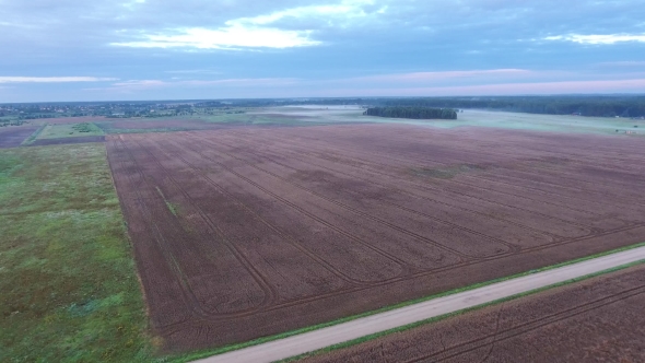 Misty Fields In Morning Birds Eye View