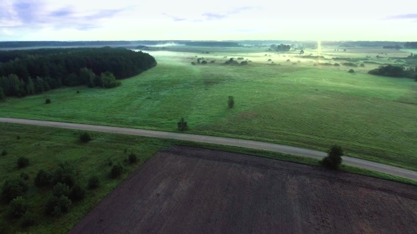 Misty Fields In Morning Birds Eye View