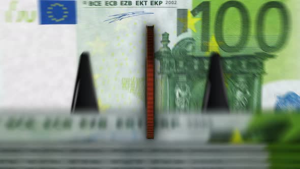 Near cryptocurrency golden coins over Euro banknotes loop alt