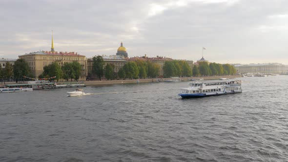 Pleasure Ship and Privat Yacht Are on Neva River in Saint Petersburg in Daytime