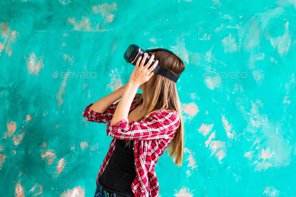 woman with virtual reality headset or 3d glasses - Stock Photo - Images