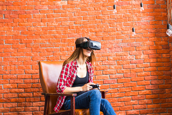 woman with virtual reality headset or 3d glasses - Stock Photo - Images