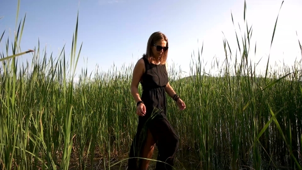 Girl In a Black Dress And Sunglasses Walking In The Field With High Grass