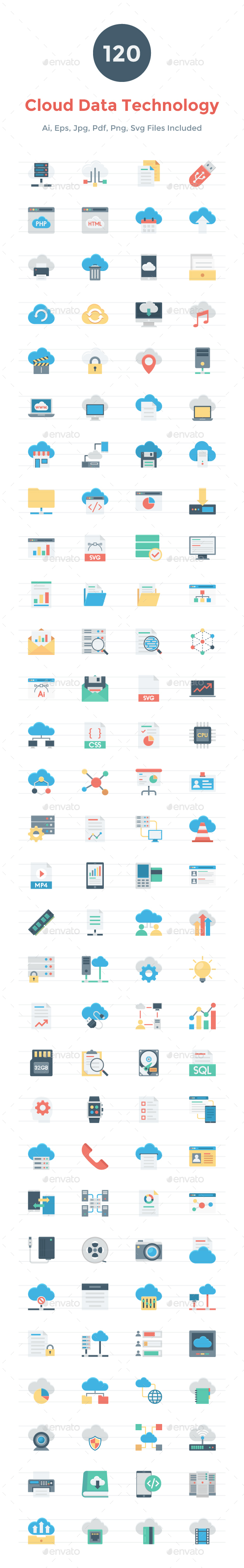 120 Flat Cloud Data Technology Icons - Icons