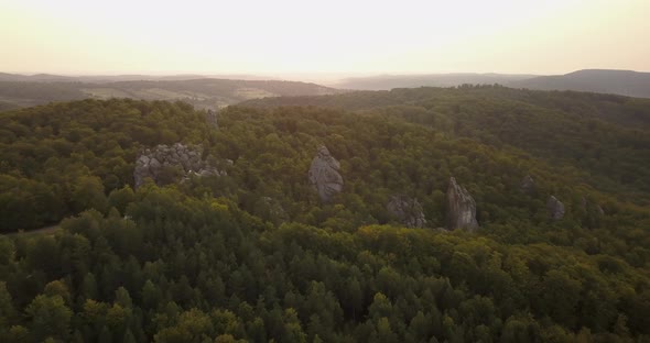 Dovbush Rocks in Carpathian Mountains at Sunrise, Bubnyshche, Ukraine alt
