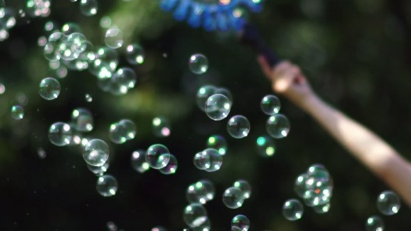 Many Small Bubbles Scatter In Different Directions. Soap Bubbles Show.