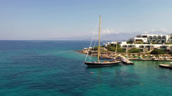 Aerial View of a Yaht Moored Near Elounda Beach, Crete, Greece