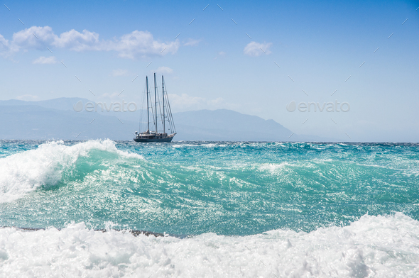 sailship in the fierce storm on the sea
