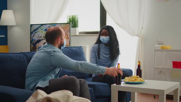 Mixed Friends with Protection Mask Talking During New Normal Party alt