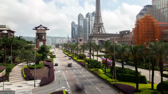 Cotai Macau Street Traffic Cityscape Day Timelapse Pan Up alt
