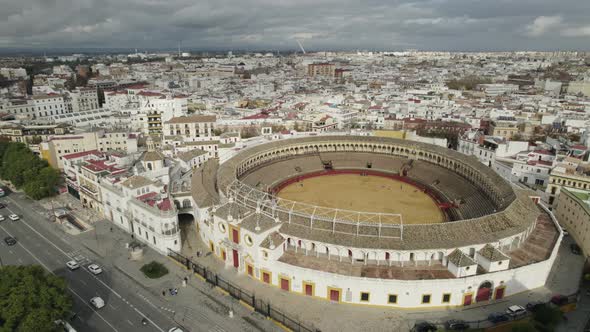 Top down view towards Seville Bullring Real Maestranza on city downtown, Spain