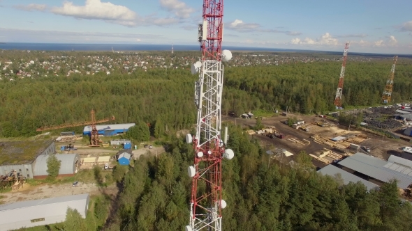 Aerial View Of Antenna Telecommunication Tower on the construction site alt