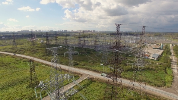 Aerial View Of High Voltage Pylons And Power Lines