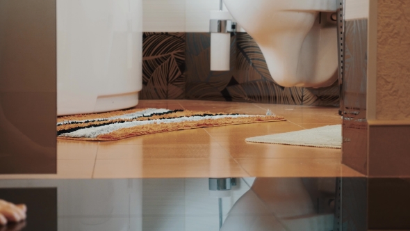 Young Girl Walk To Bathroom Come To Sink. Little Carpets. Bare Legs. Apartment alt