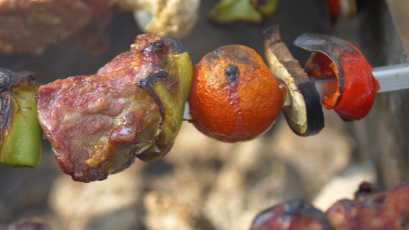 Kebabs, Barbeque On Skewers Turn Around, Brazier, , Cam Moves To The Left alt