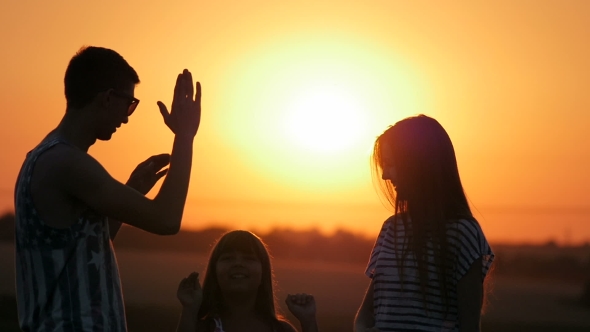 Young Brother and Two Sister at Sunset, Stock Footage | VideoHive