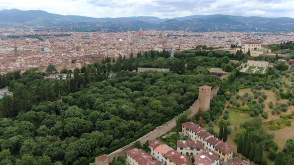 Flying over Boboli gardens in Florence, Tuscany, Italy, Europe alt