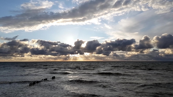 Sunset At Baltic Sea Cloudy Sky, Small Waves