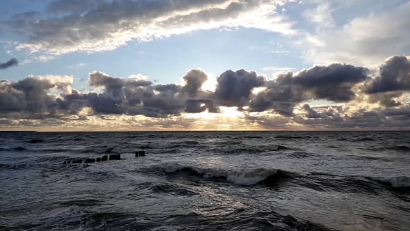 Sunset At Baltic Sea Cloudy Sky, Small Waves