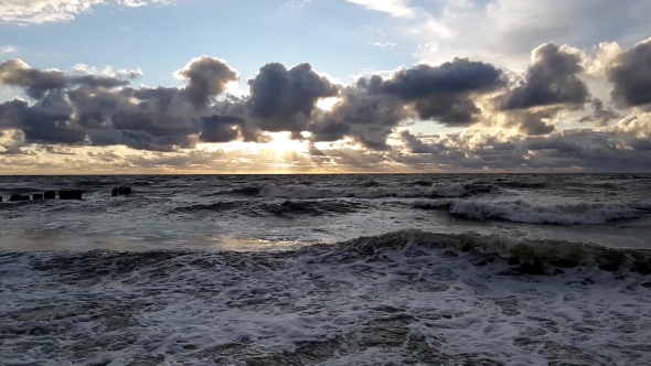 Sunset At Baltic Sea Cloudy Sky, Small Waves