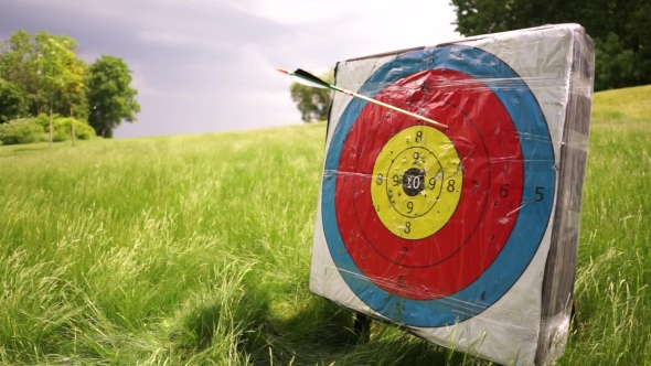 People Shooting Arrows, Target Is In a Lovely Green Field Of Grass.