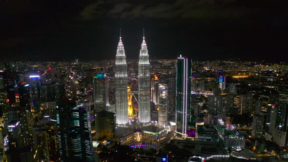 Top view, aerial view of skyscrapers, KLCC at the Kuala Lumpur city in the night