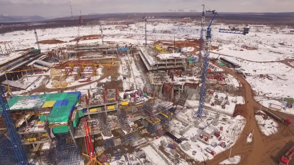 Aerial View Of Construction Area Of Building Of Sporting Stadium In Winter