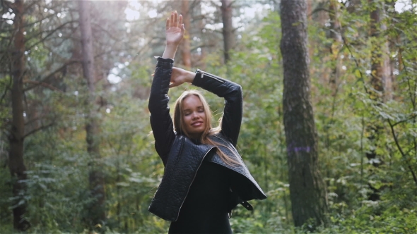 Portrait Young Smiling Beautiful Woman In Forest. alt