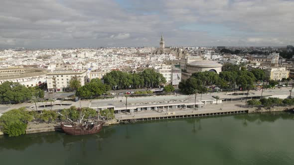 Beautiful Seville promenade and the iconic Maestranza bullring, Aerial view
