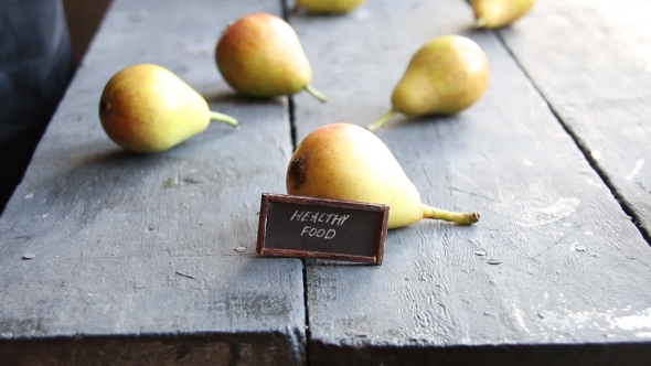 Healthy Food Idea, Inscription And Juicy Flavorful Pears, Rustic Style