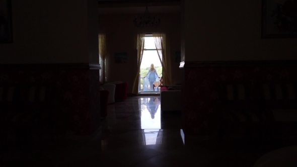 The Bride In Blue Gown On The Balcony Of The Russian Estate.