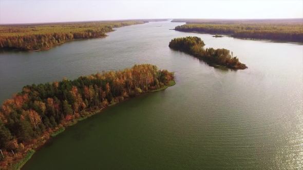 River In Autumn, Aerial View By Drone