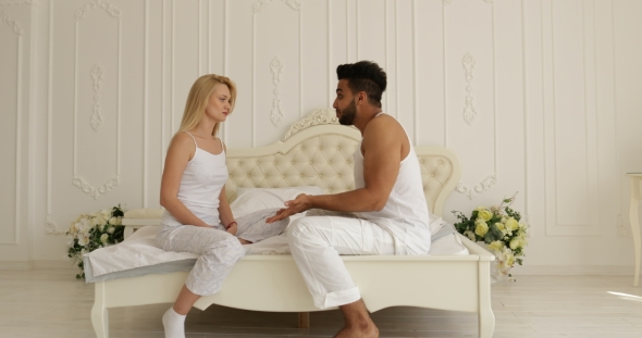 Couple Relationships Problem Fight Conflict Sitting On Bed Argue Unhappy Woman Hit Man Negative alt