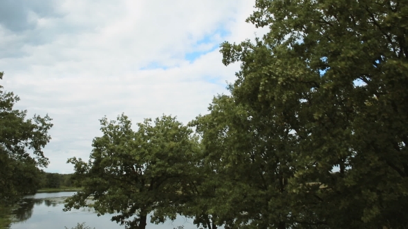 Aerial Survey Summer Landscape Cloudy Sky, The River And Green Trees alt