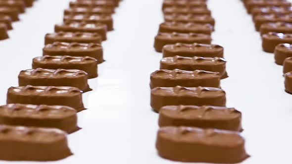 Conveyor with passing chocolate bars.