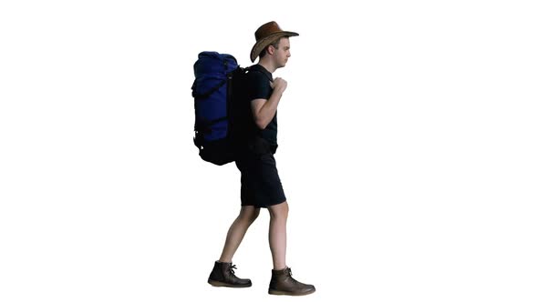 Young Hiker in Cowboy Hat Walking with Backpack in Nature, Alpha Channel In