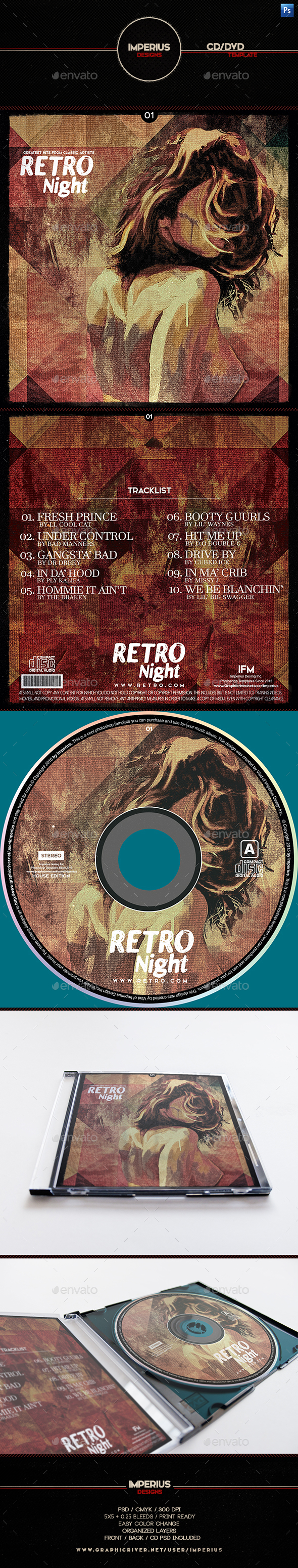 Retro Night V1 CD/DVD Cover - CD & DVD Artwork Print Templates