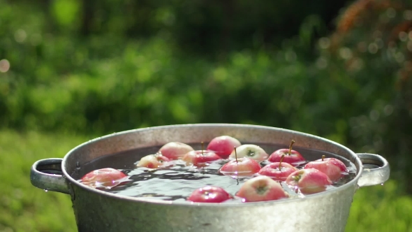 Apples In Water. Apples Are Washed In a Basin Of Water.