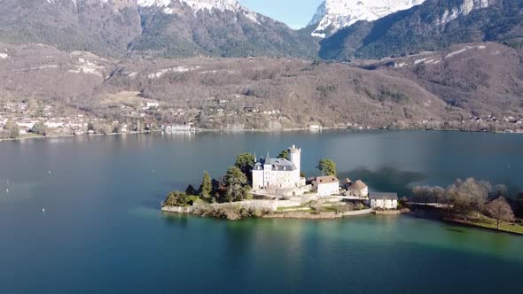 Panoramic Aerial View of Chateau De Duingt on Annecy Lake, France