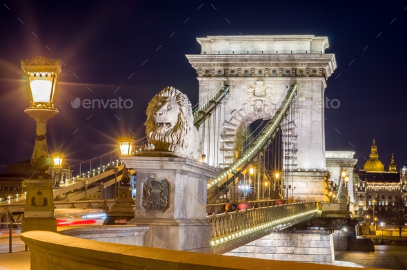 Night view of the Szechenyi Chain Bridge. Budapest, Hungary. - Stock Photo - Images
